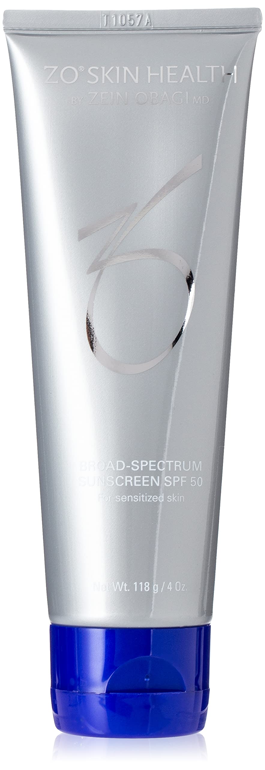 ZO Skin Health broad spectrum sunscreen bottle; daily UVA/UVB protection for sensitive skin.