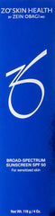 ZO Skin Health sunscreen label; SPF 50 plus antioxidant protection for daily use.