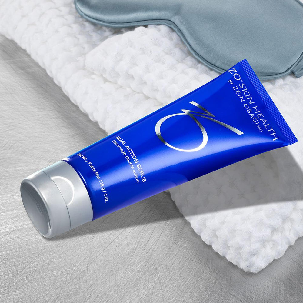 ZO SKIN HEALTH Dual Action Scrub on a bathroom shelf suggests easy routine integration