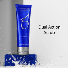 ZO SKIN HEALTH Dual Action Scrub bottle pouring demonstrates oil-control benefits during cleansing