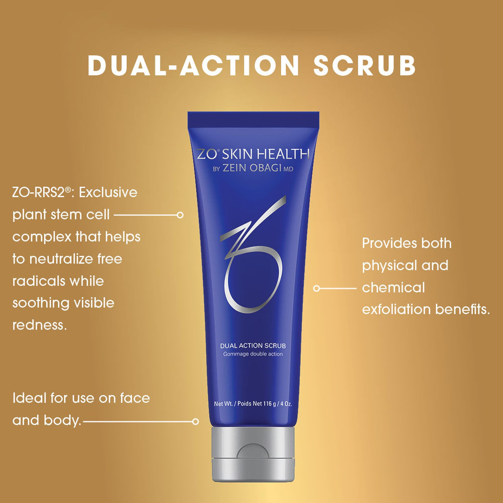 ZO SKIN HEALTH Dual Action Scrub packaging label highlights key benefits