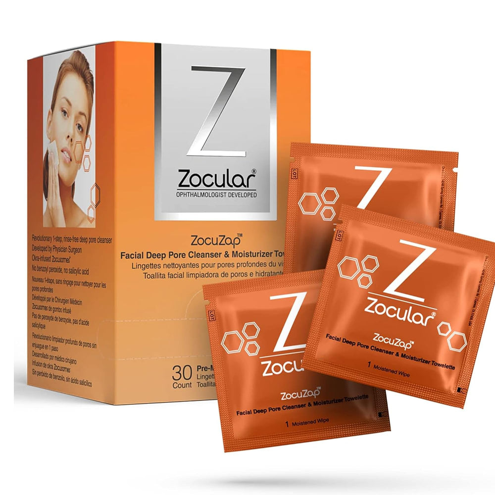 Zocular ZocuZap packaging shown for quick, moisturizing cleansing