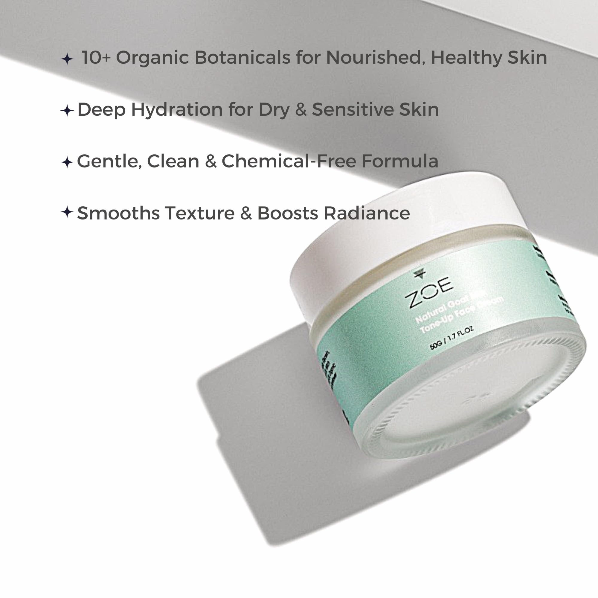 ZOE Goat Milk Moisturizer texture on skin shows lightweight, non-greasy hydration.
