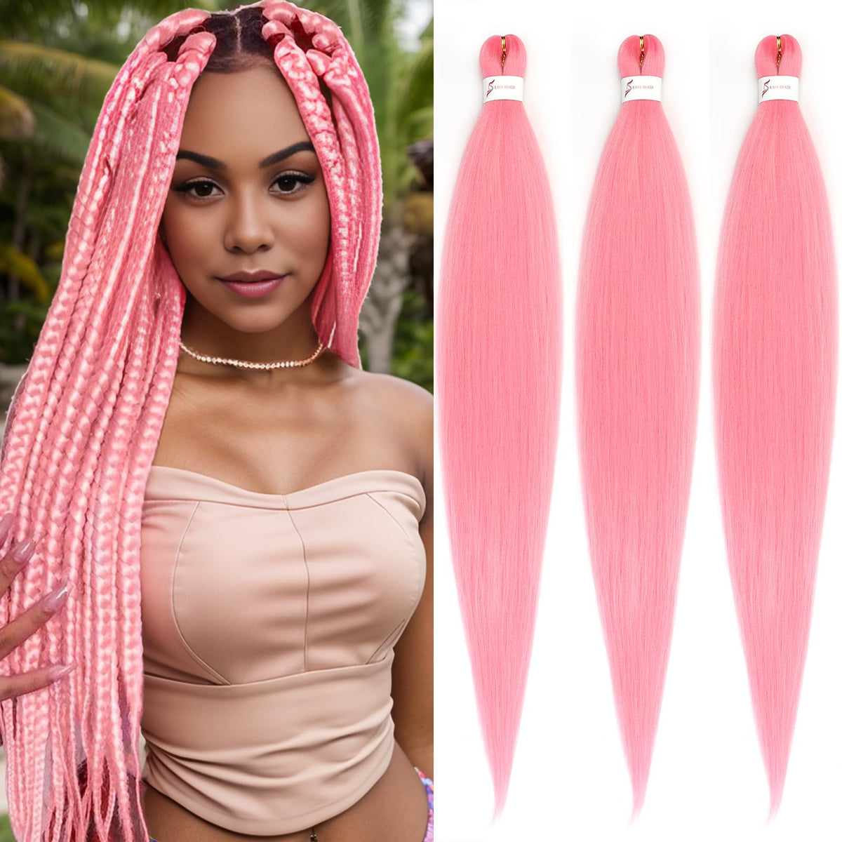 Zoewan pink pre-stretched braiding hair 30in on display for easy styling