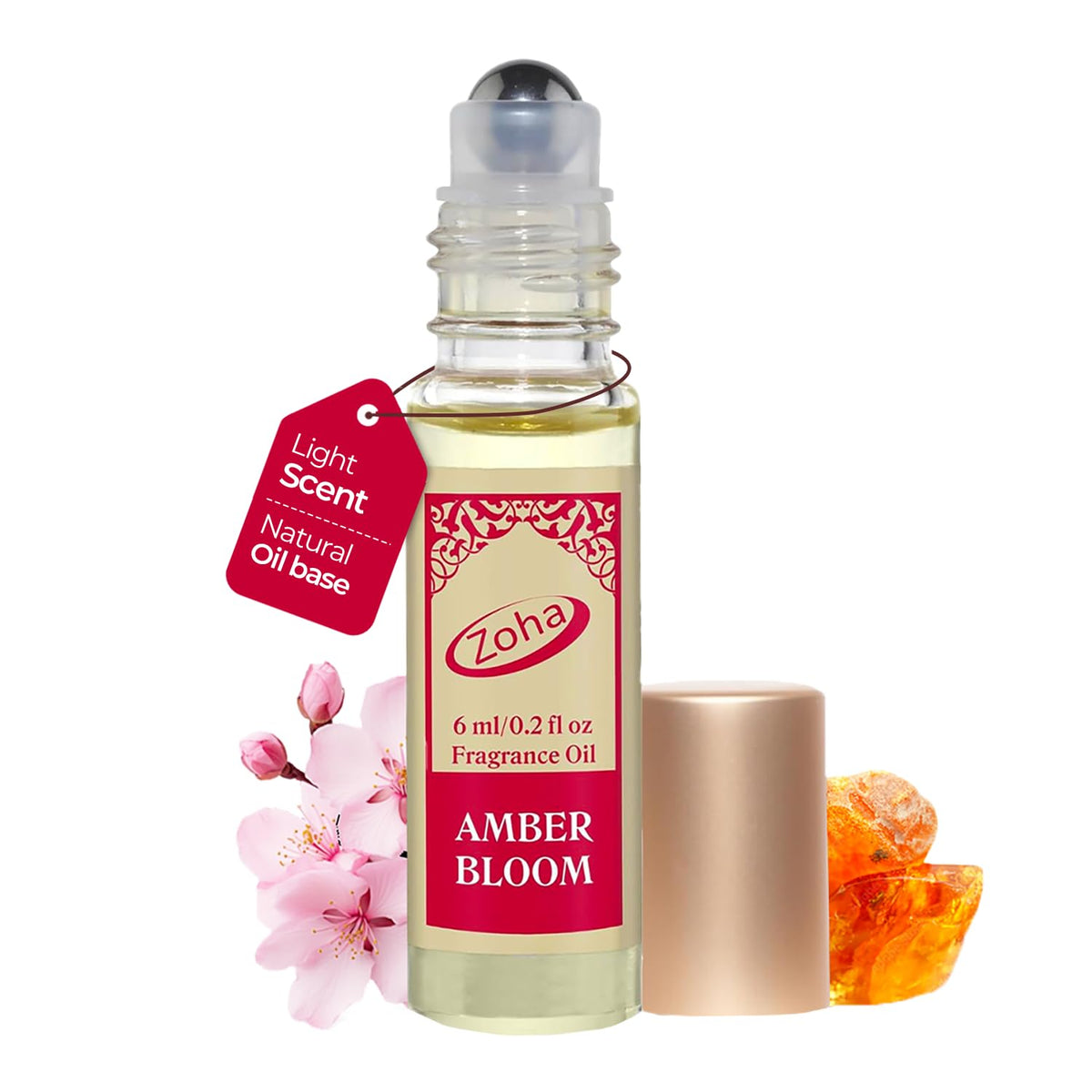 Zoha Amber Bloom roller bottle, long-lasting fragrance on the go.