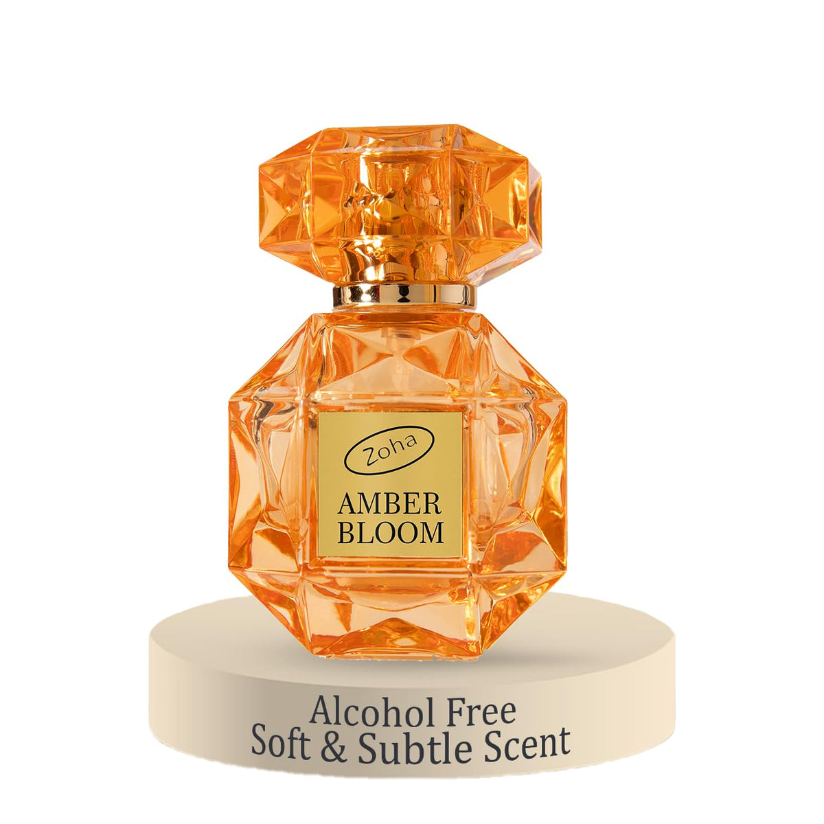 Zoha Amber Bloom bottle front view, showcasing elegant design and amber aroma.