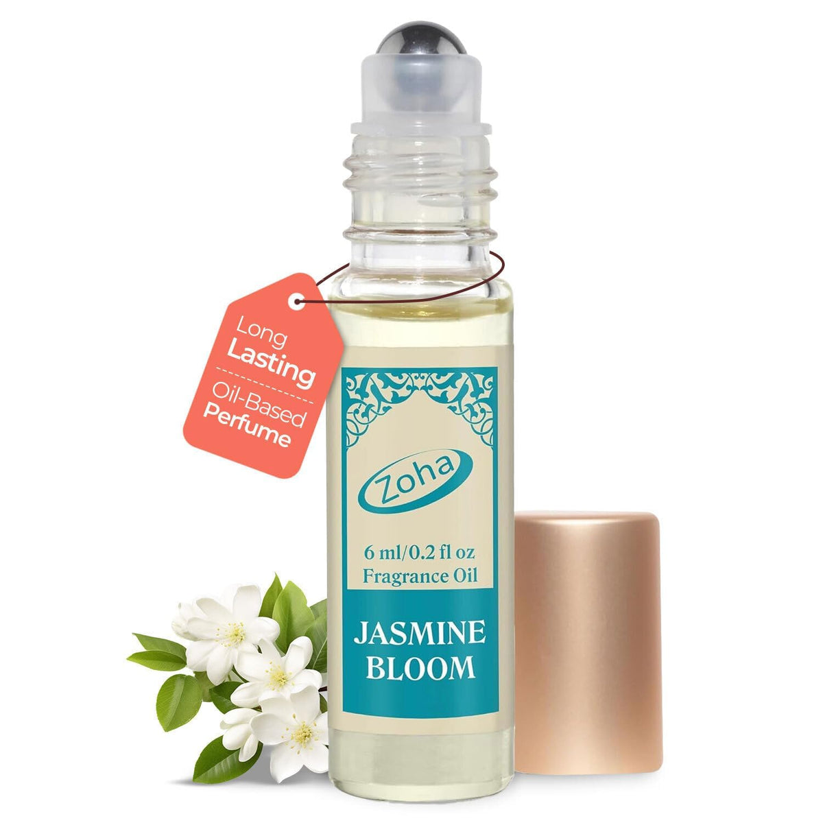 Zoha Jasmine Bloom bottle top view, showcasing clean, alcohol-free perfume oil.
