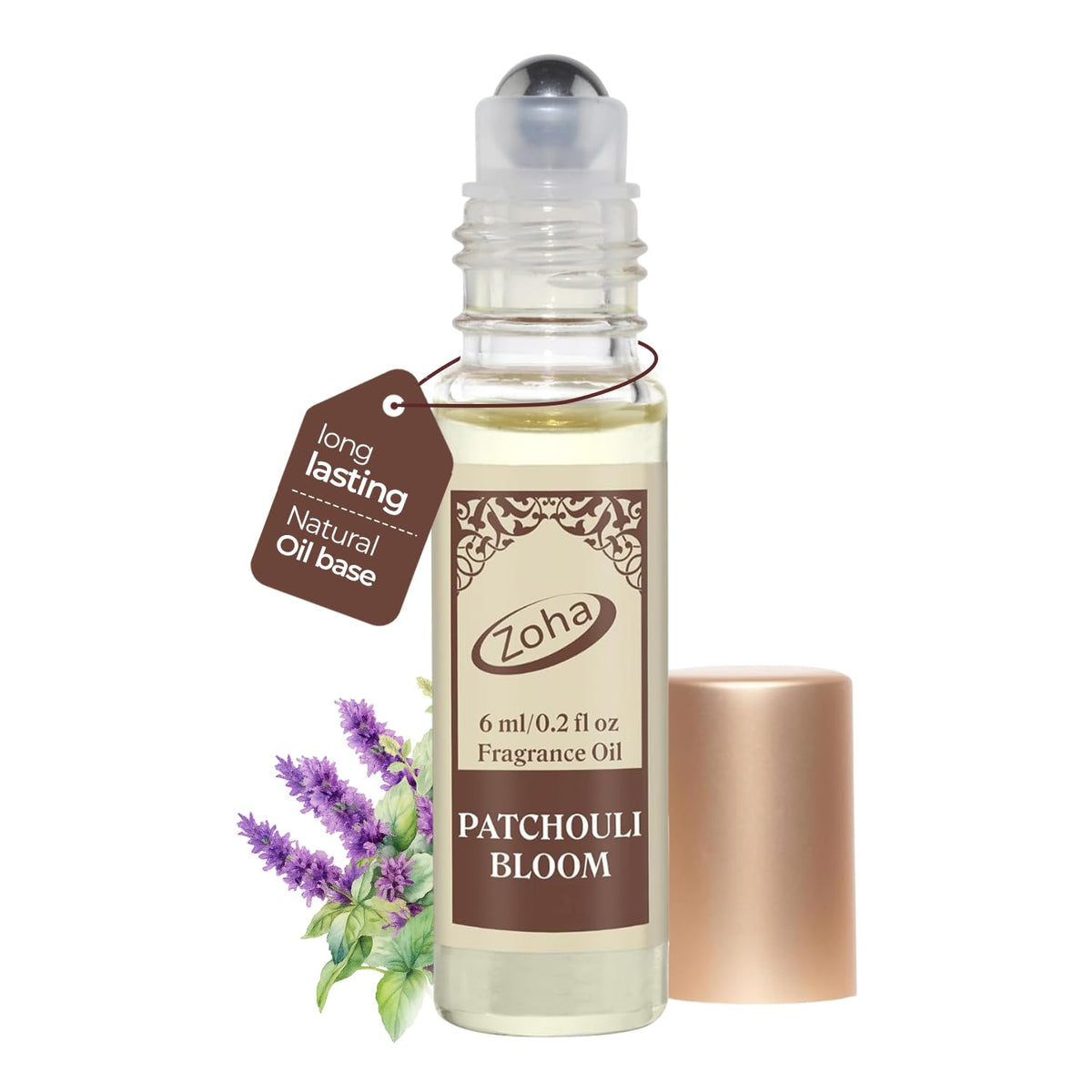 Zoha Patchouli Bloom roll-on bottle closeup, ideal for everyday wear.