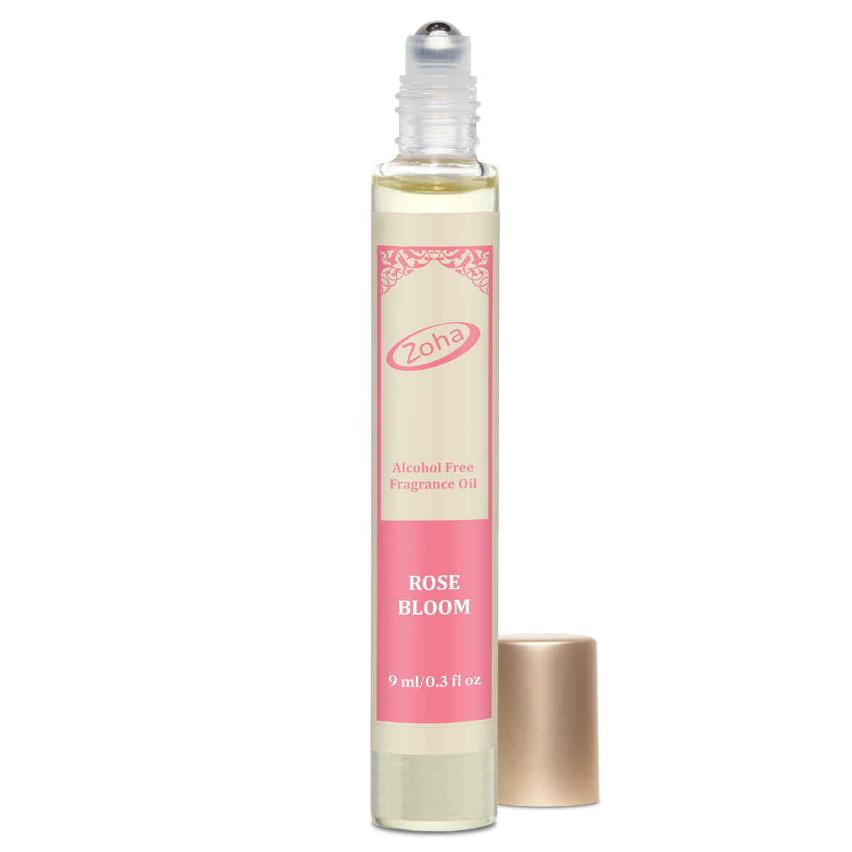Zoha Rose Bloom bottle front, compact perfume oil for everyday wear.