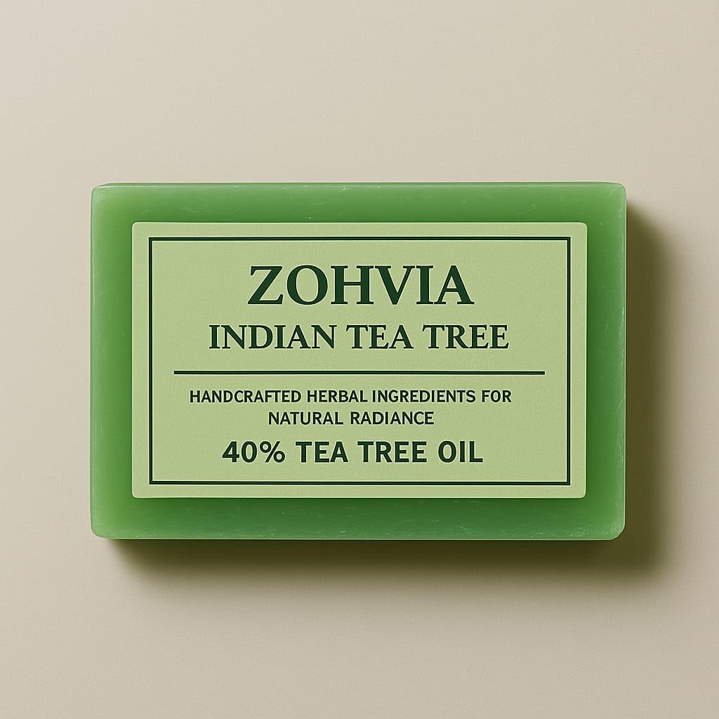 ZOHVIA Tea Tree Bar Soap ingredients close-up highlighting high-potency oil for acne-prone skin.