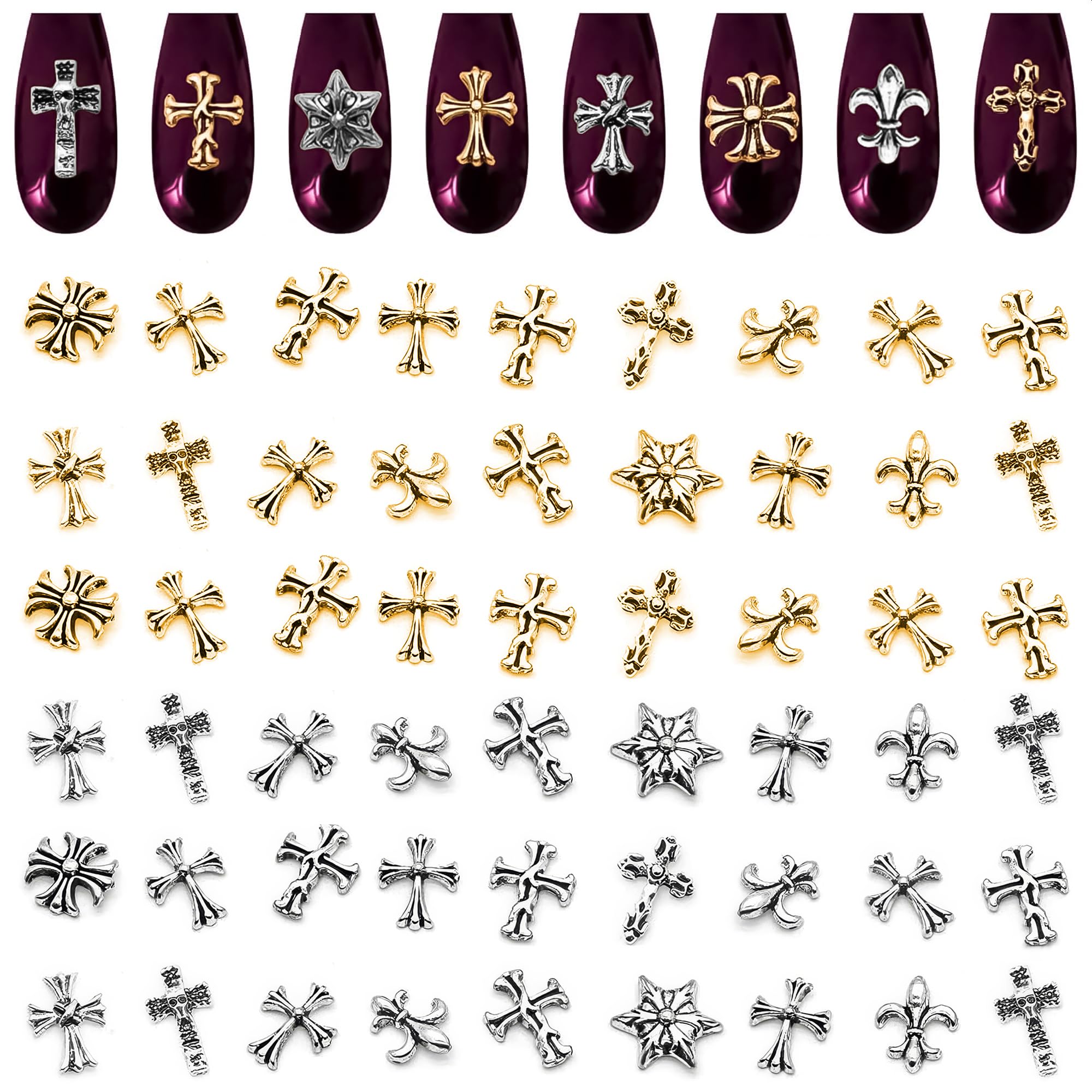 ZOKLU cross nail charms with 3D metallic finish for chic manicures