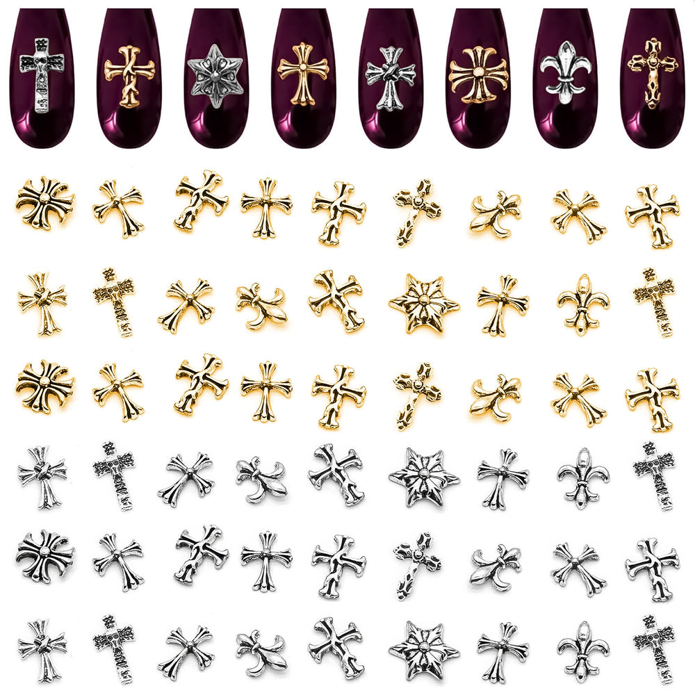 ZOKLU cross nail charms with 3D metallic finish for chic manicures