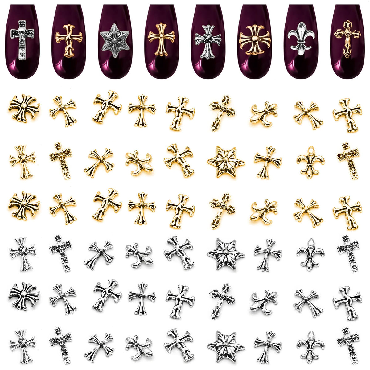 ZOKLU cross nail charms with 3D metallic finish for chic manicures