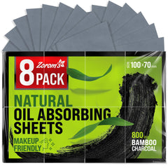 Zorom's natural blotting sheets in packaging show eco-friendly bamboo charcoal for on-the-go touchups.