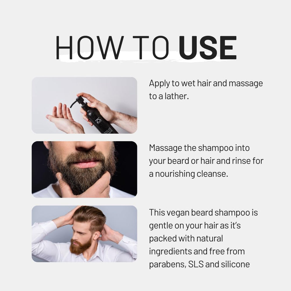 ZOUSZ beard shampoo bottle close-up with precise pour
