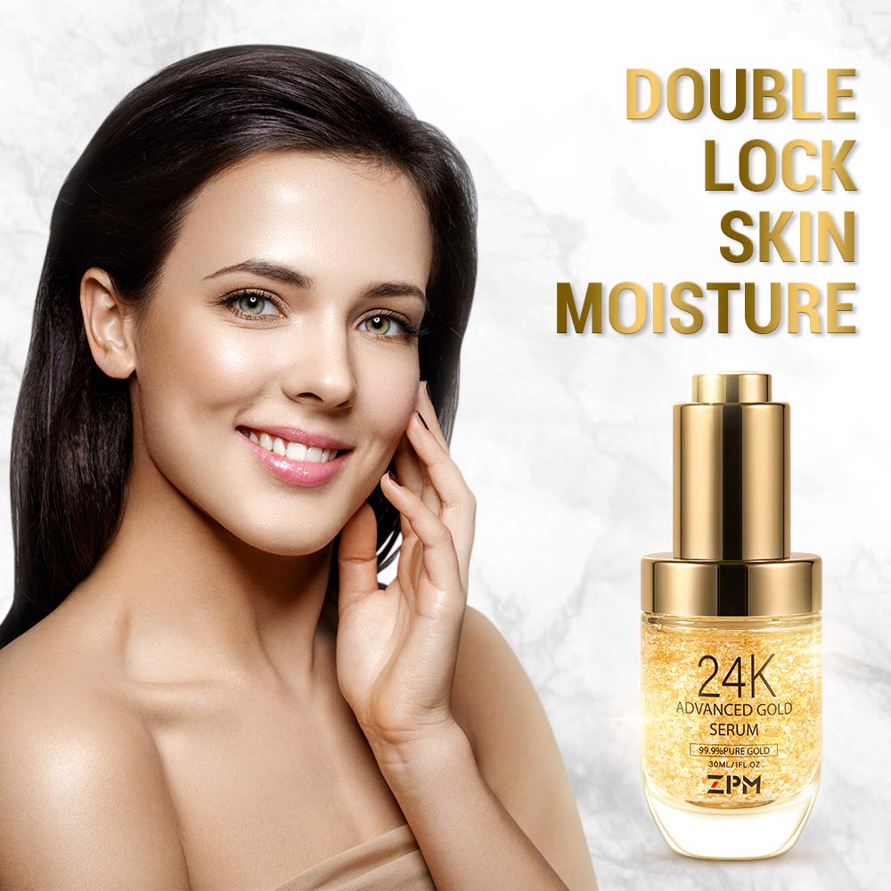 ZPM 24K Gold Serum texture swirl, highlighting rich moisturizing formula.