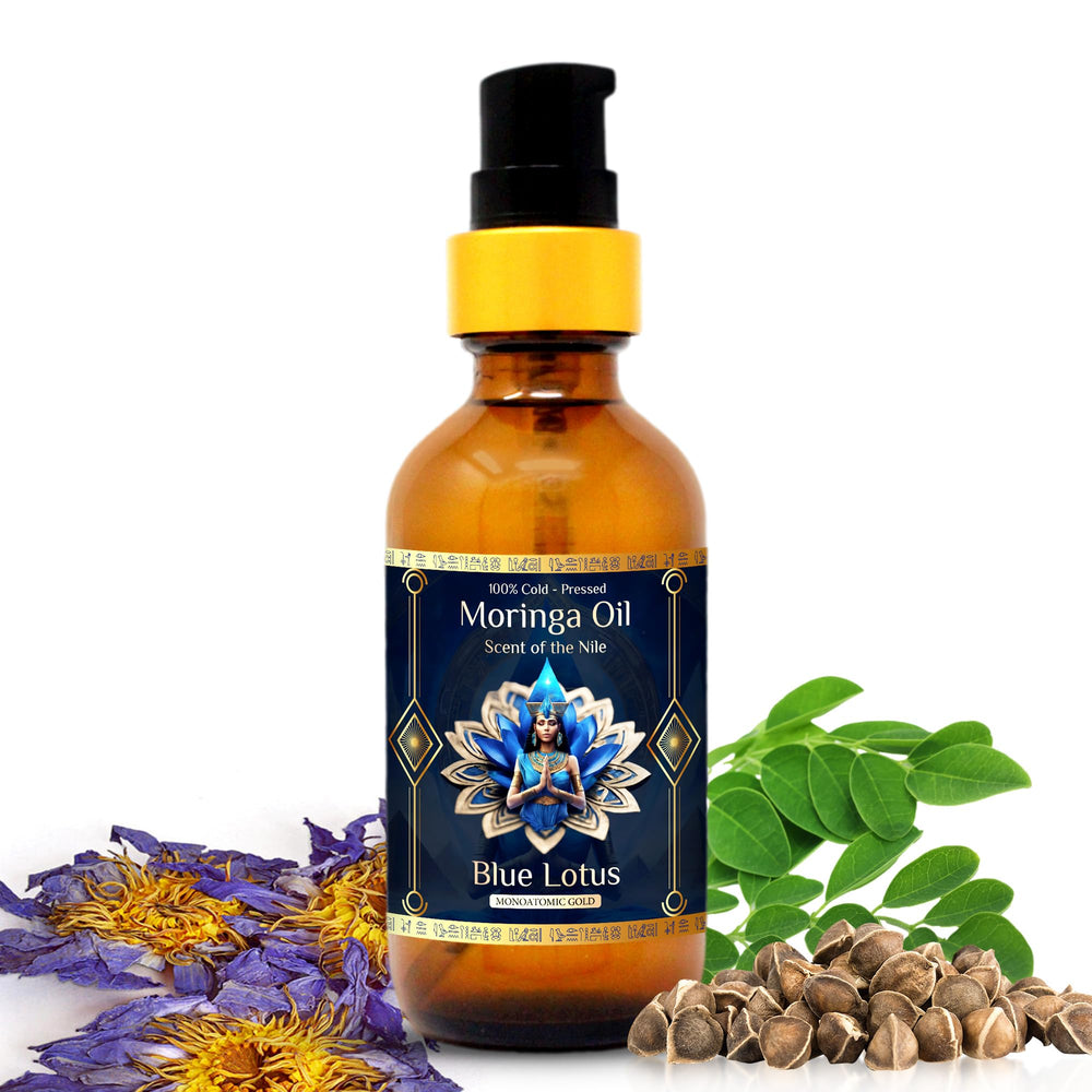 ZP.TECH pure organic moringa oil bottle with blue lotus for radiant hydration.