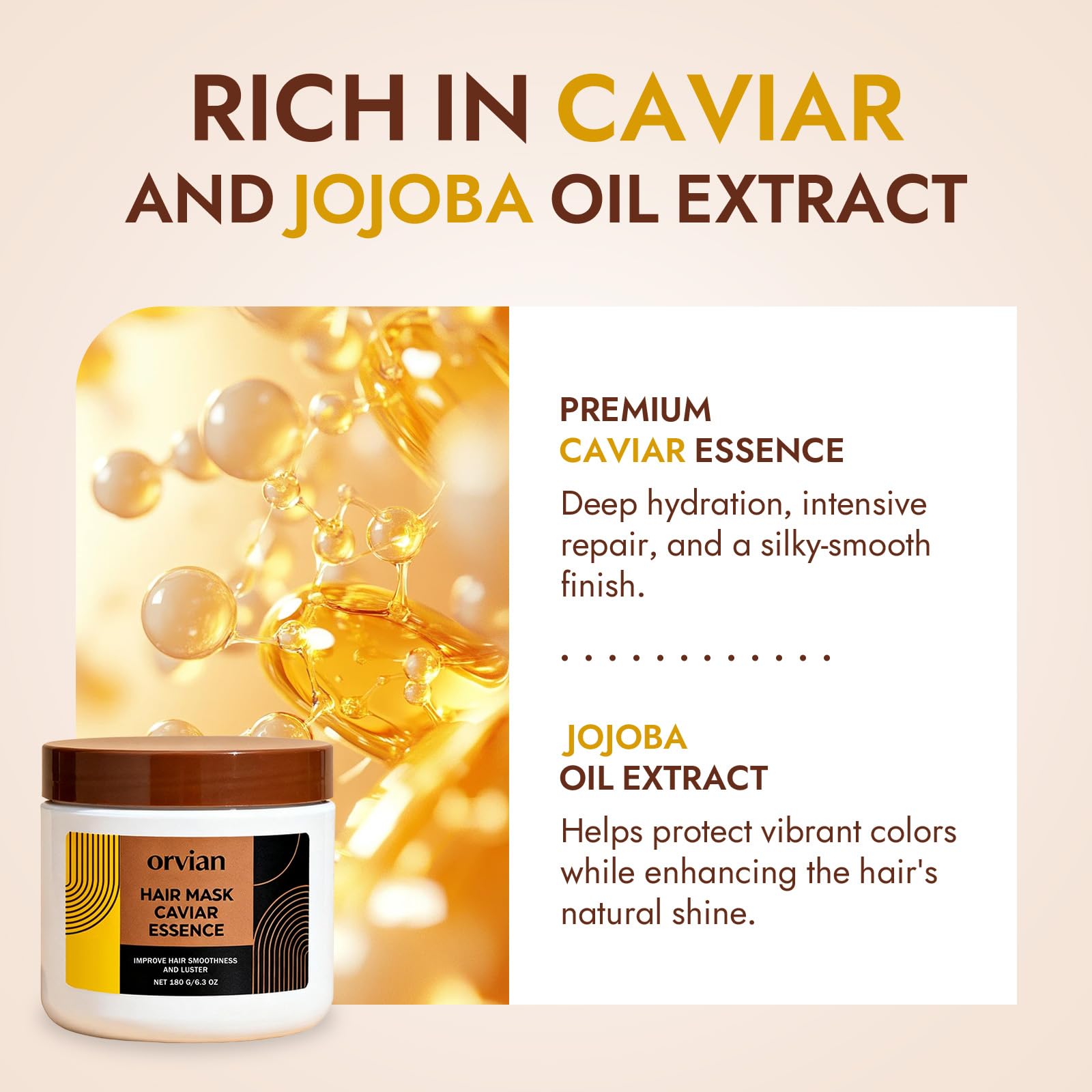 Closeup of ingredients in ZPX Orvian Caviar Hair Mask with caviar and jojoba