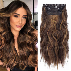 ZQIAN BEAUTY 4Pcs clip-in extensions, 20in waves, dark brown with light highlights add easy volume.