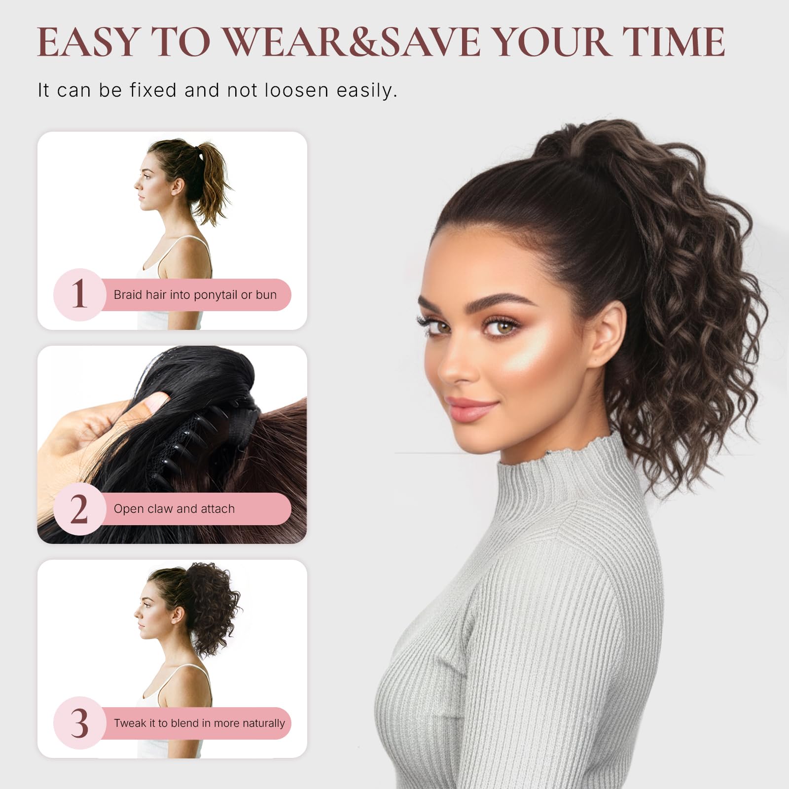 ZQIAN BEAUTY secure claw-clip ensures quick, reliable attachment to your ponytail.