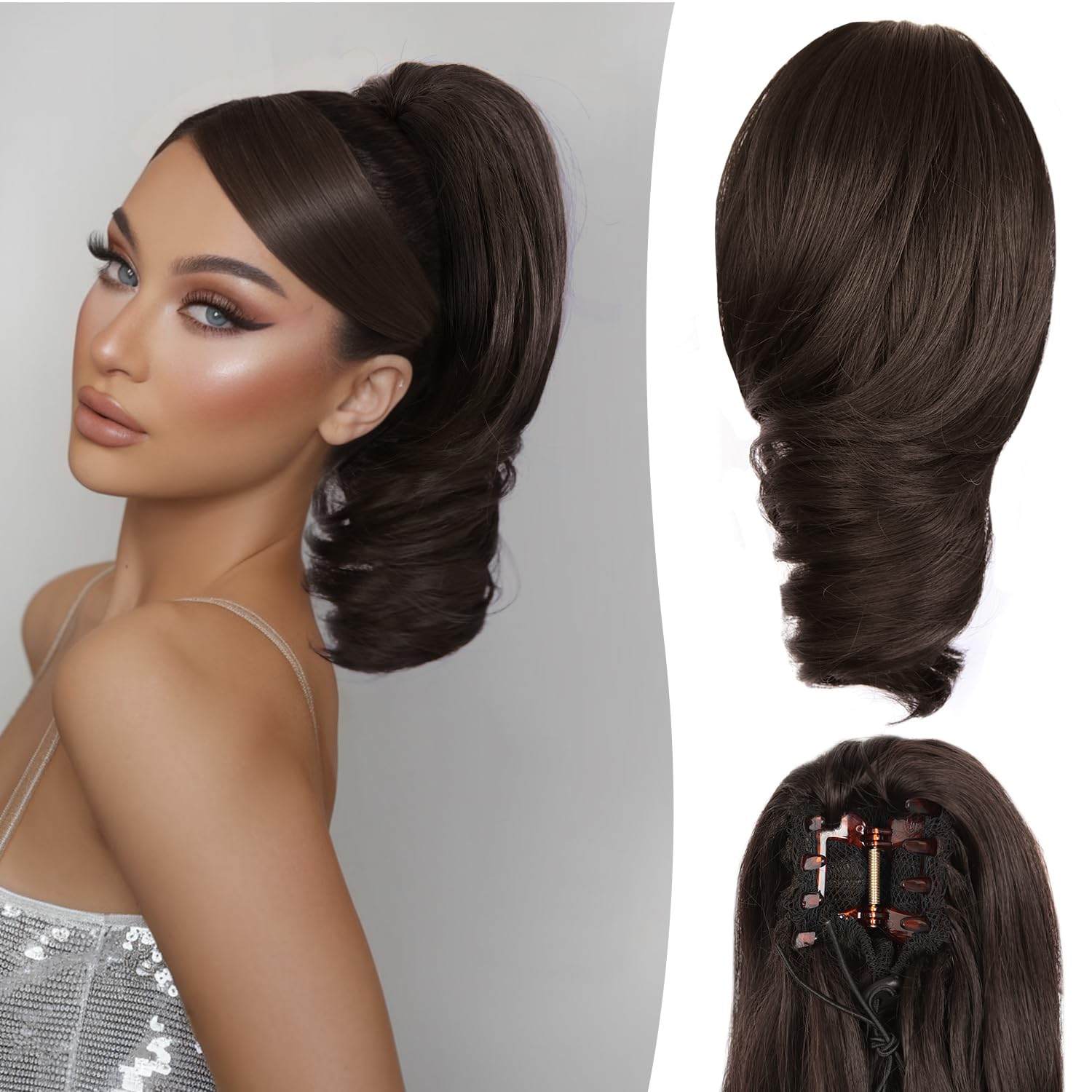 ZQIAN BEAUTY claw clip ponytail close-up in dark chocolate brown showing secure grip for short hair.
