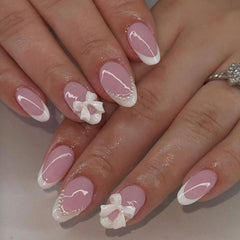 ZRETHFB 24Pcs white French tip nails with pearls for easy, elegant wear.