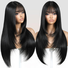 ZRLK black wig with bangs for long-layered daily wear with natural look.