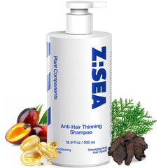 Z:SEA Anti-Thinning Shampoo bottle shows plant-based care for fuller-looking hair.