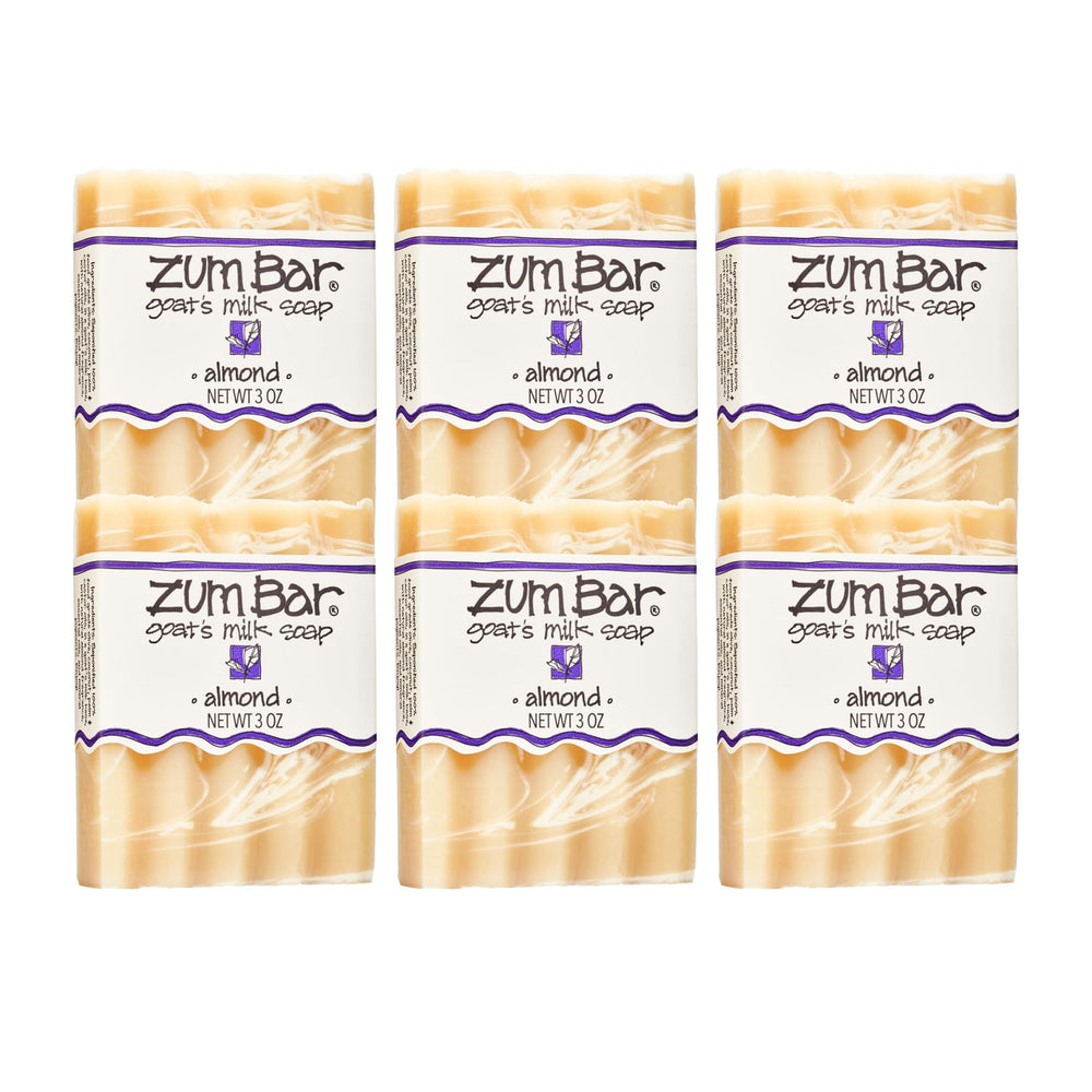 Zum Indigo Goat's Milk Soap Bar with almond scent displayed in six-pack packaging