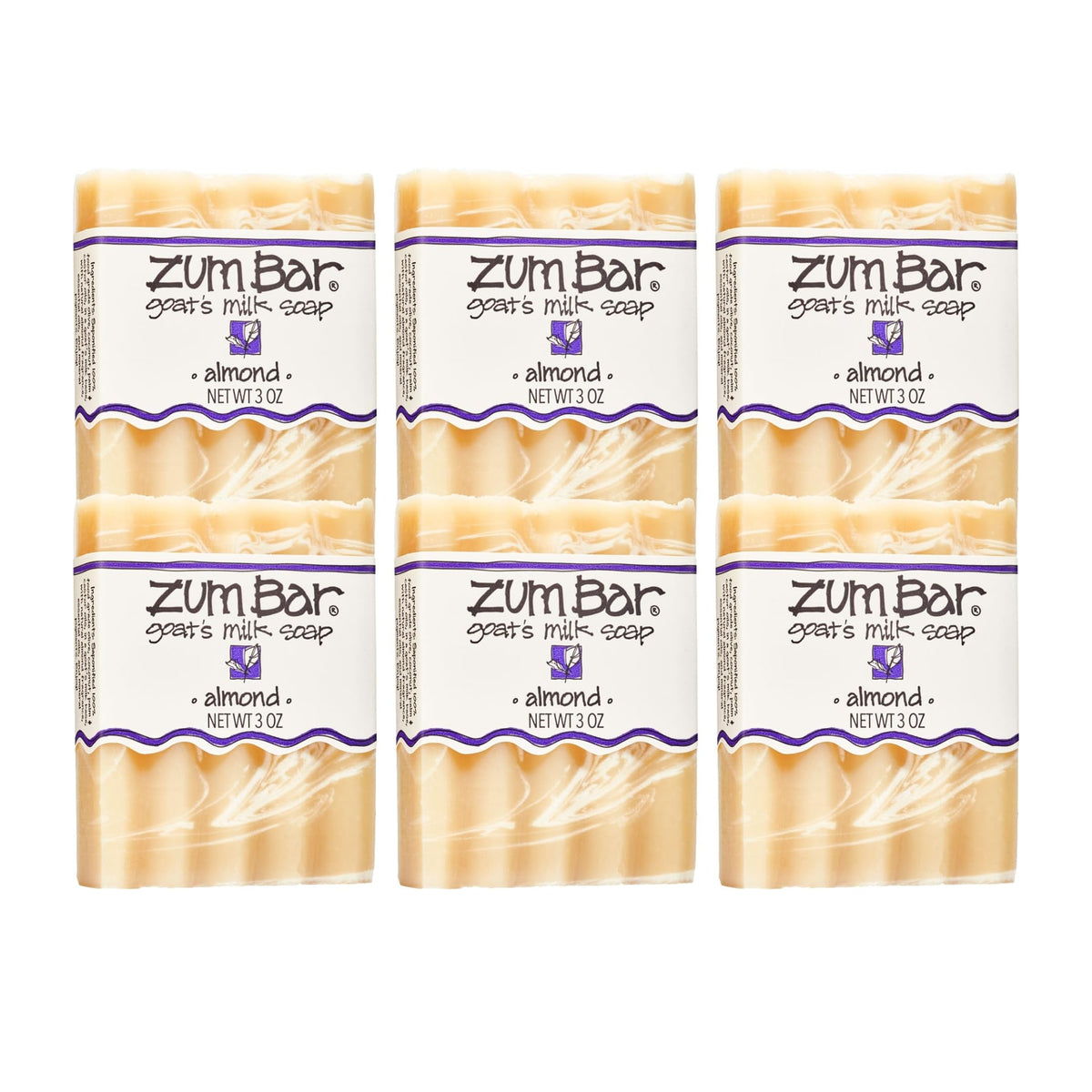 Zum Indigo Goat's Milk Soap Bar with almond scent displayed in six-pack packaging