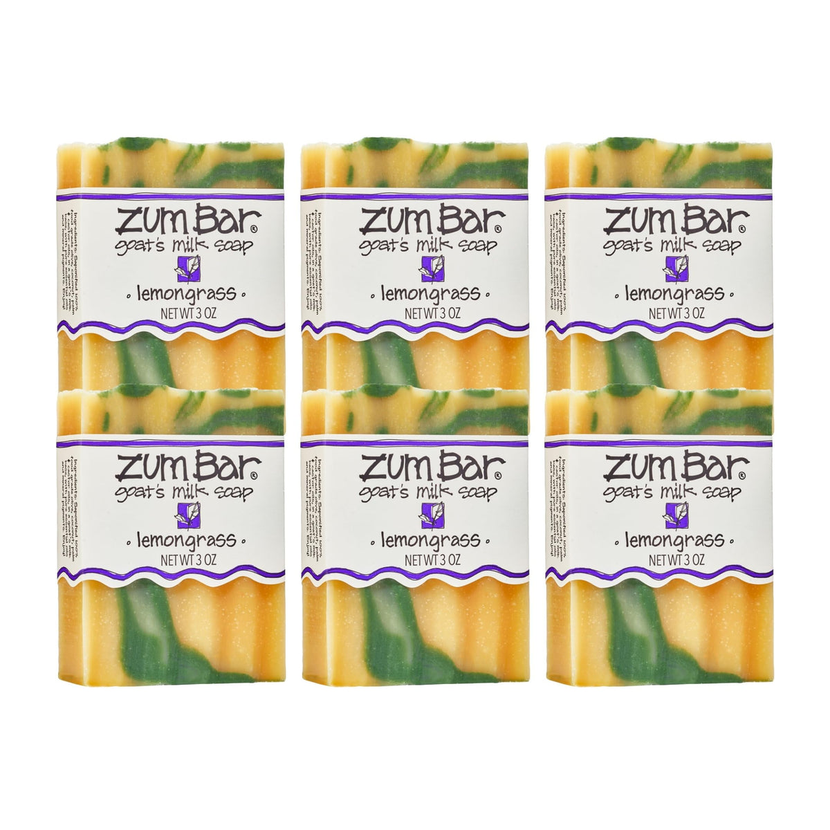 Zum Indigo Wild goat milk soap lemongrass packaging shows six-pack convenience