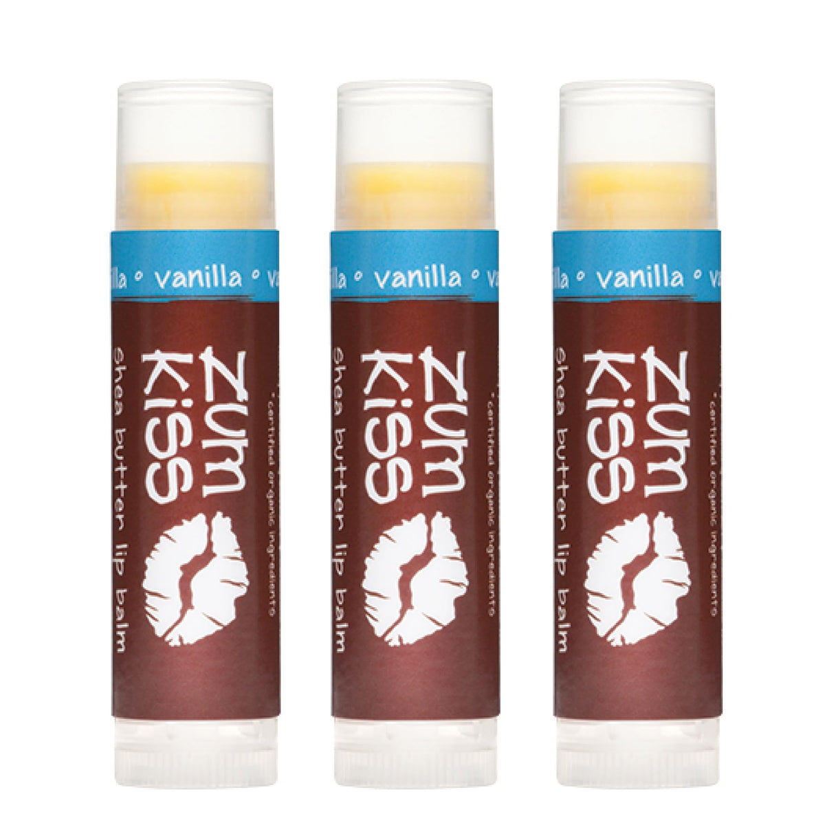 Zum Kiss Stick vanilla lip balm with organic beeswax for smooth lips.