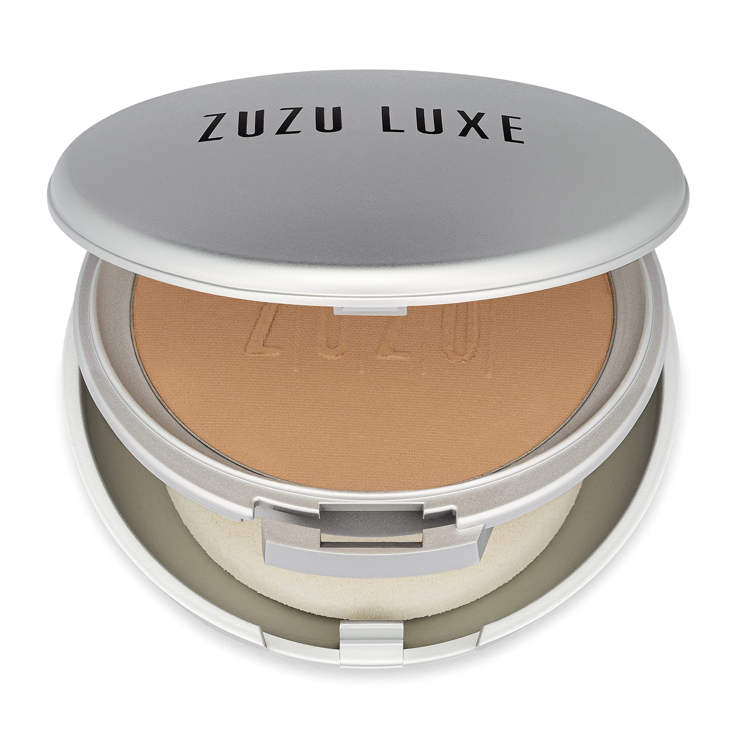 Zuzu Luxe Dual Powder Foundation D-24 compact close-up shows a matte, oil-control finish.