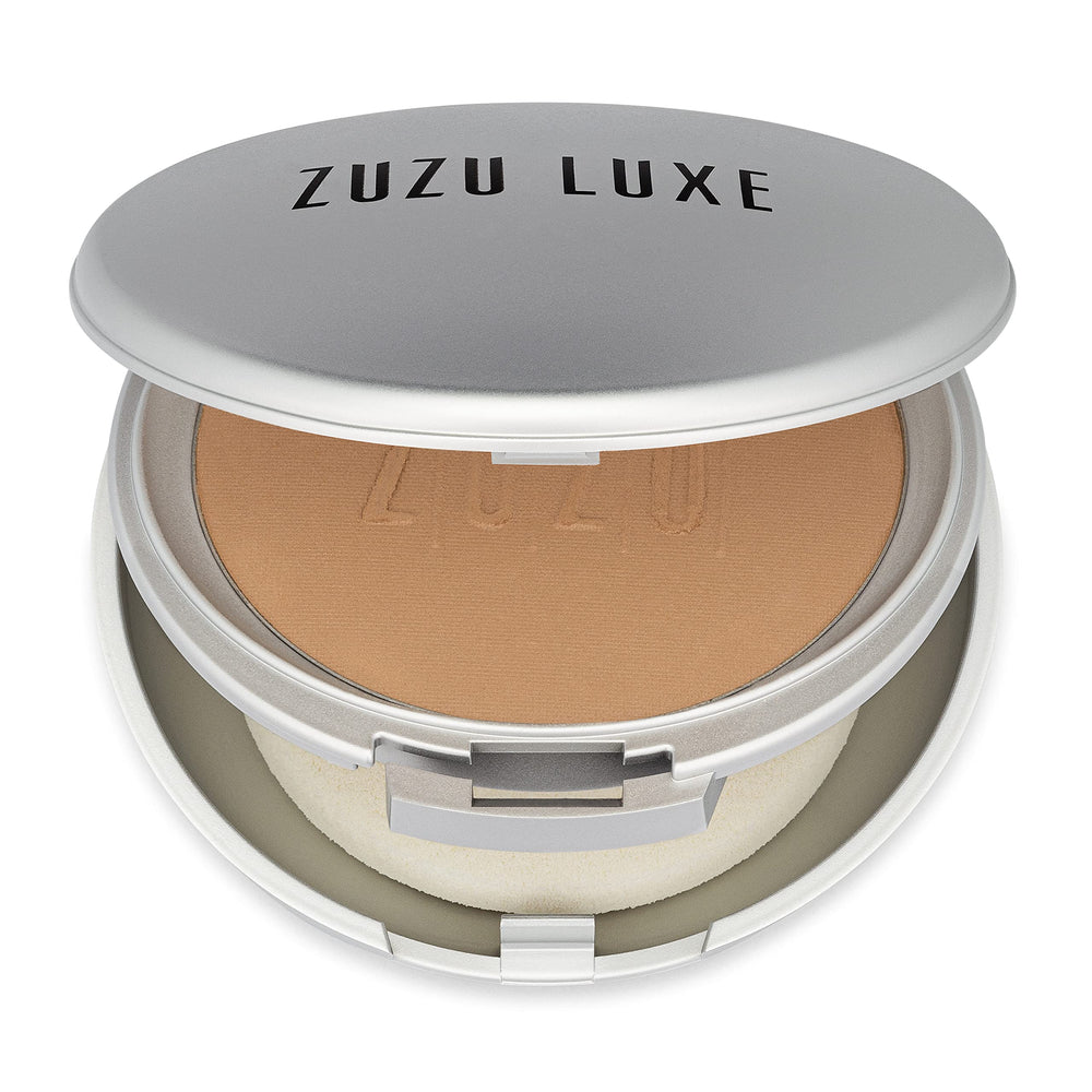 Zuzu Luxe Dual Powder Foundation D-24 compact close-up shows a matte, oil-control finish.