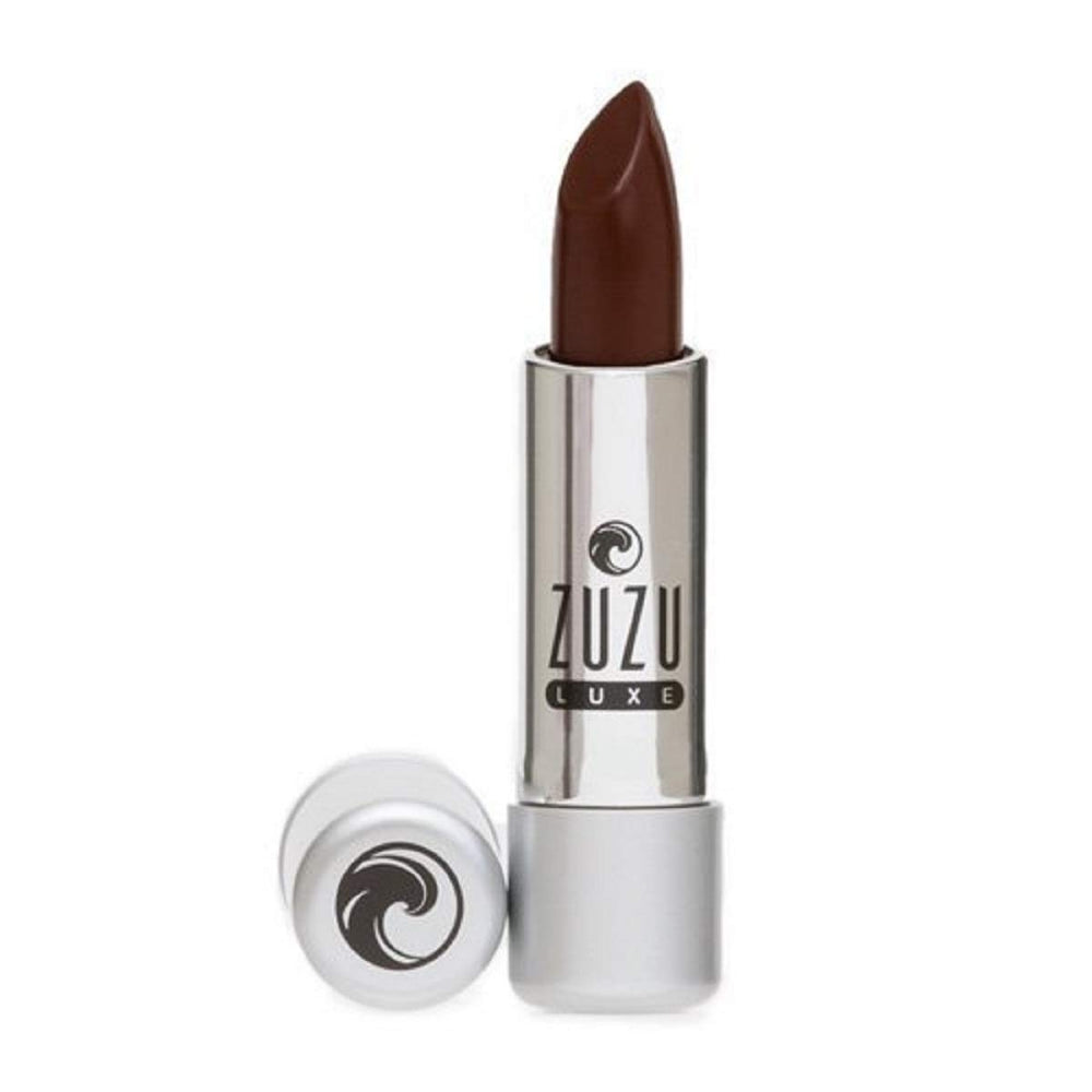 Zuzu Luxe Lip Color Chocolate Cherry on lips with creamy coating
