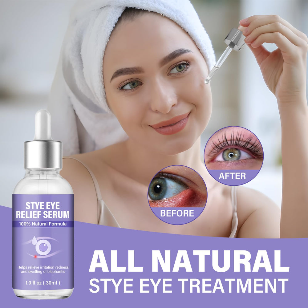 Close-up of dropper applying serum to the eyelid area for soothing comfort. 