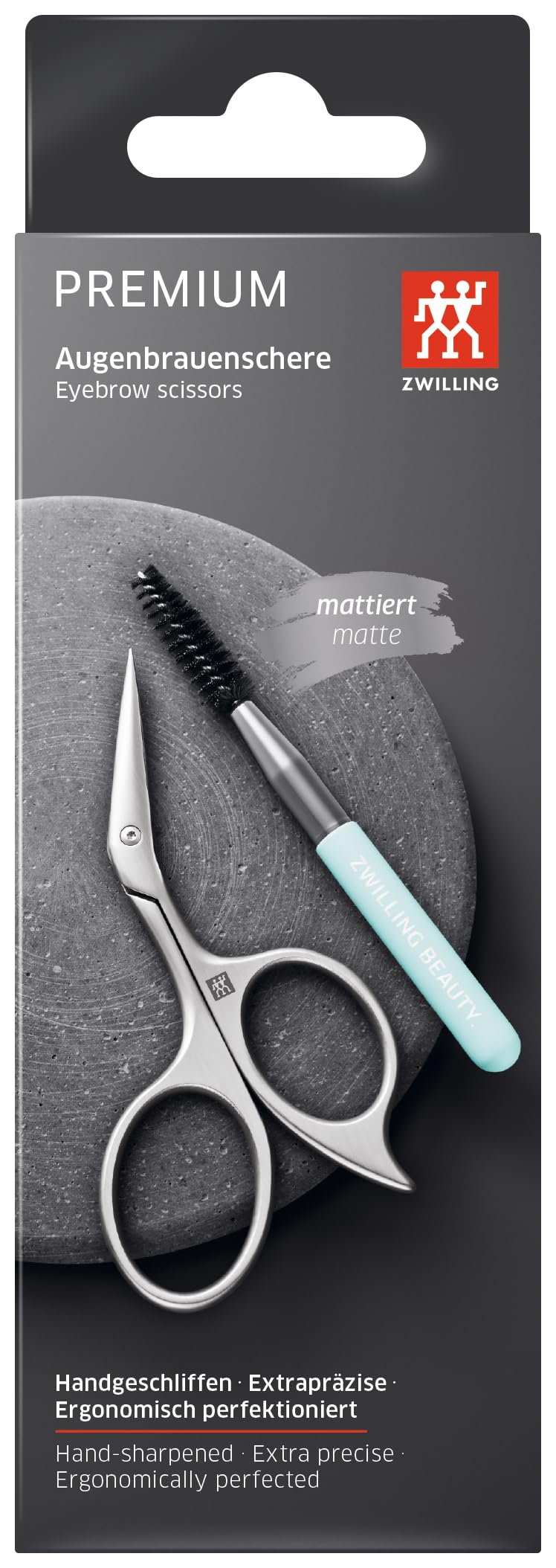 ZWILLING Beauty Twinox Eyebrow Scissors with storage case for organized travel grooming.