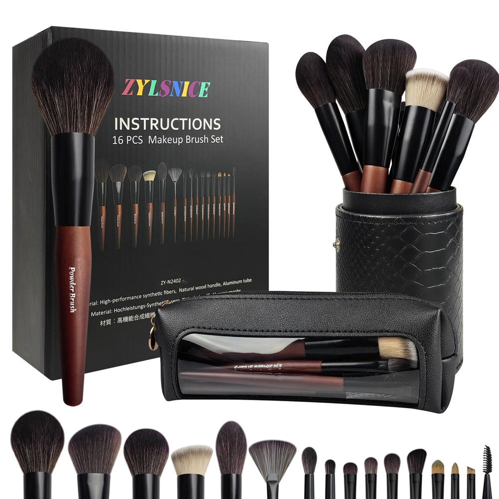 Zylsnice 16-piece makeup brush set with wood handles and case for travel