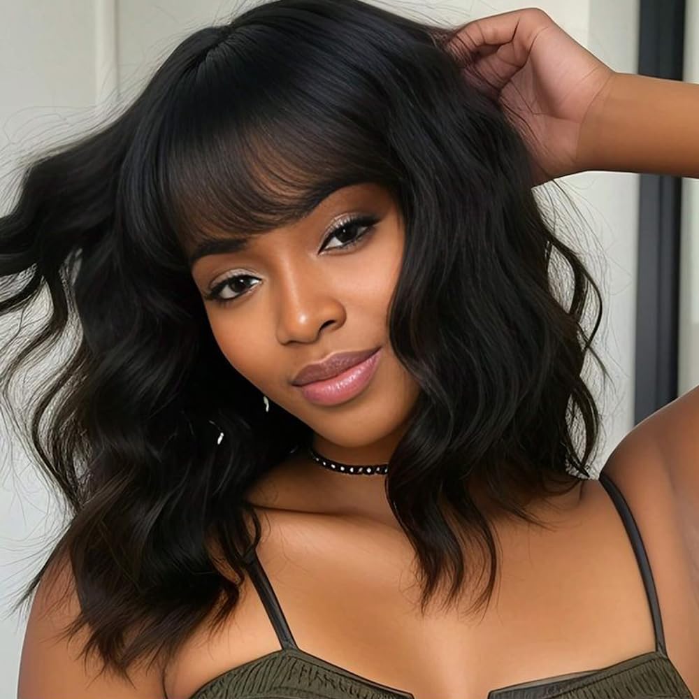 ZYYDSGO Bob short wavy wig with bangs in black natural, for a realistic look.
