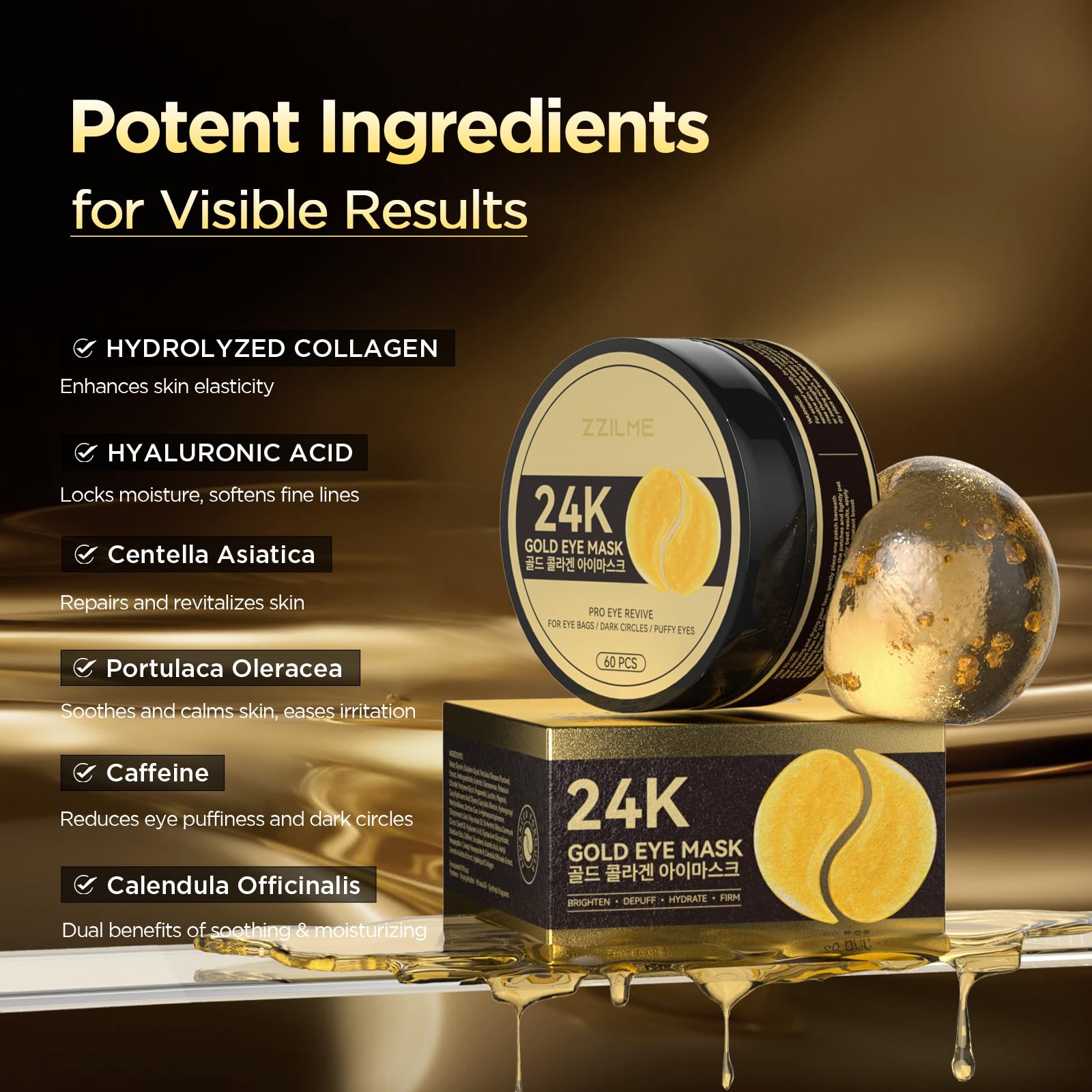 ZZILME 24k Gold Eye Patches on skin delivering cooling hydration.