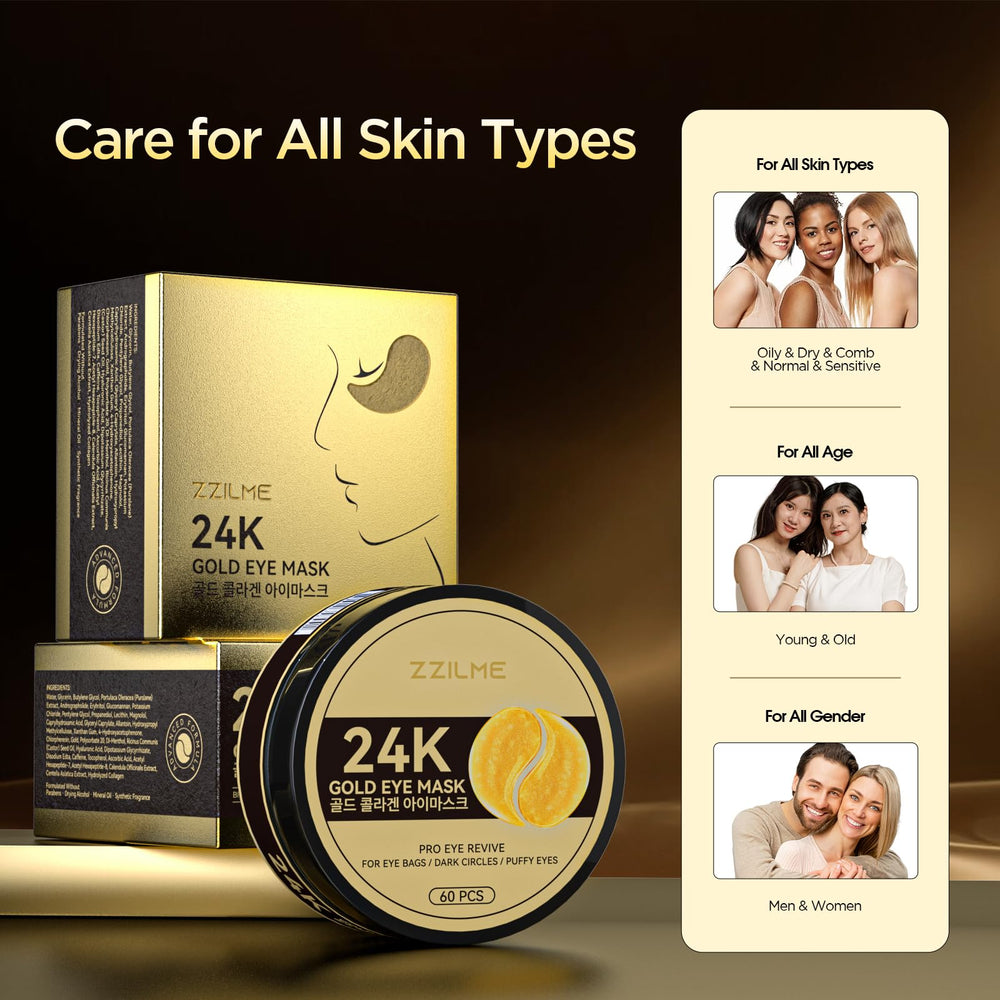 ZZILME 24k Gold Eye Patches on skin during application for refreshing relief.