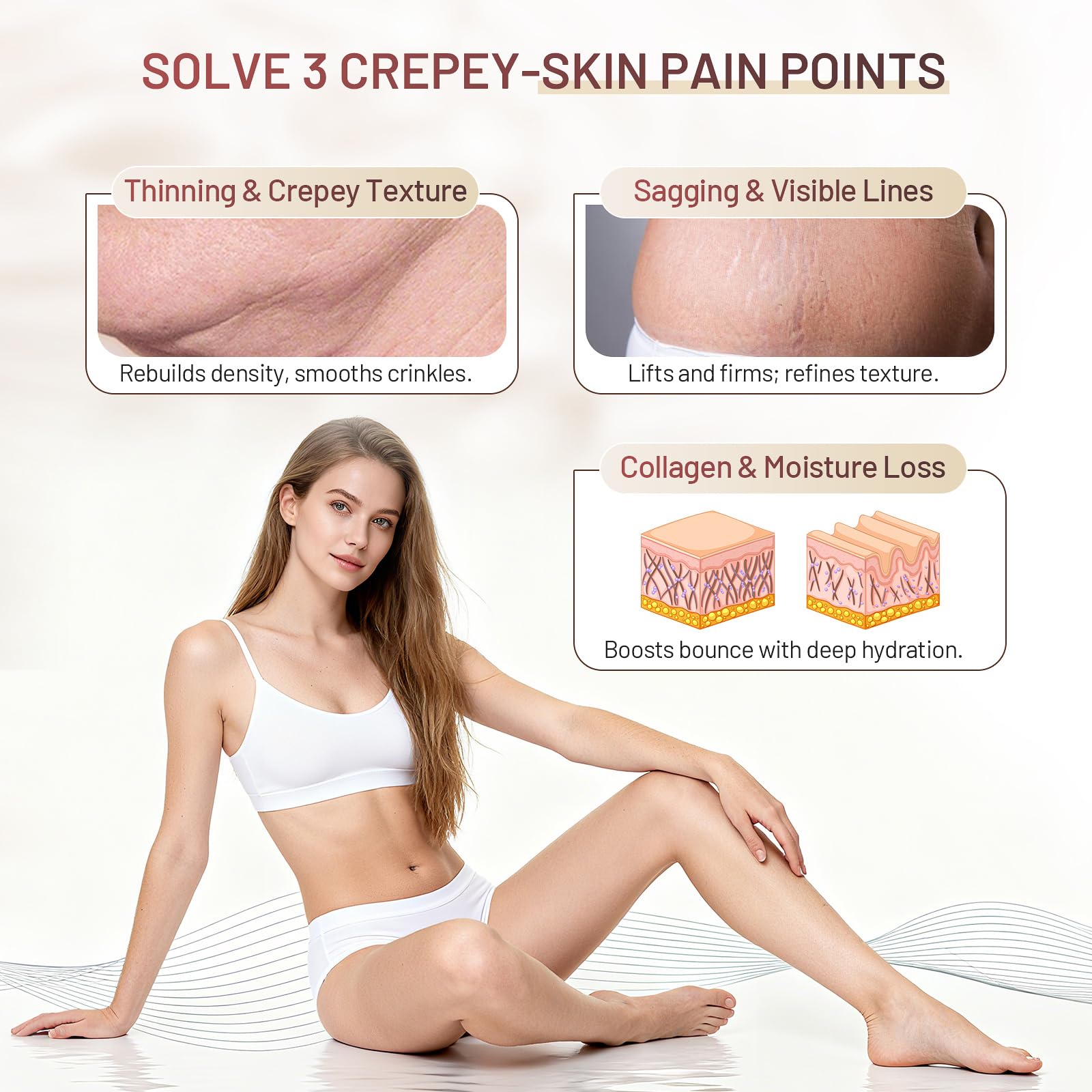 ZZILME Crepe Fix Cream on full body for firming and hydration.
